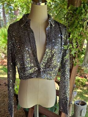 EVNL Silver Sequined Low Cut Blouse Size Medium